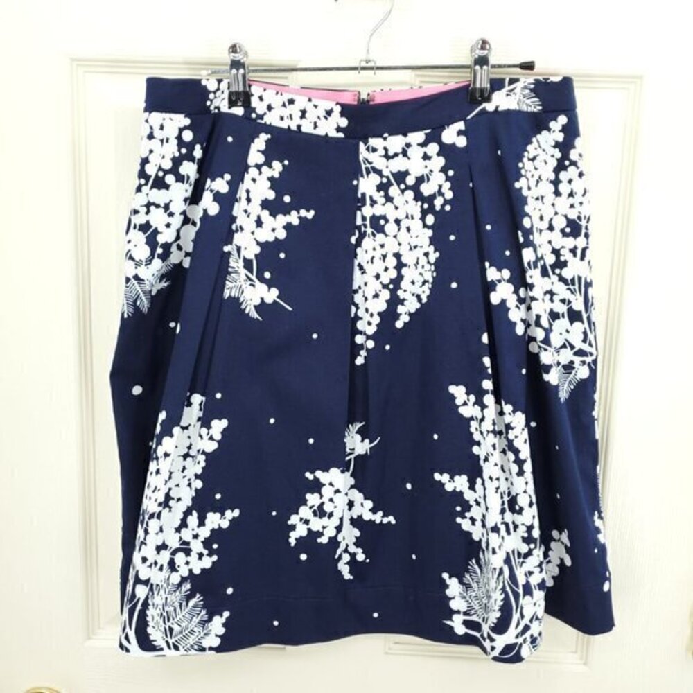 Boden A-Line Pleated Knee Length Skirt UK 14P/US10P Navy Wisteria Floral